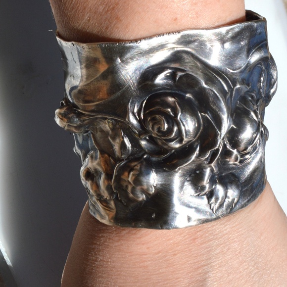 Rose Floral Rare Antique Solid Sterling Silver 925 Wide Cuff Wedding Bridal - Picture 3 of 8